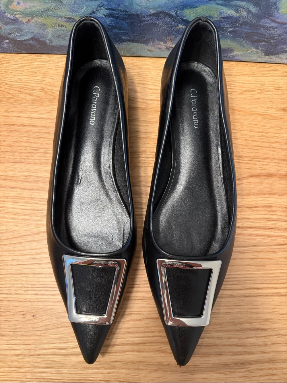 C. Paravano Classic Black Leather Pointed Toe Silver Tone Buckle Flats Sz. 11.5